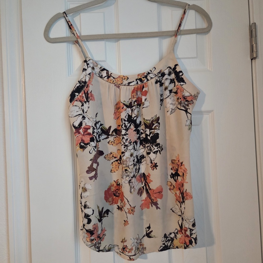 LOFT Floral Camisole Tank Top Flowy Spaghetti Strap Cream Pink XS